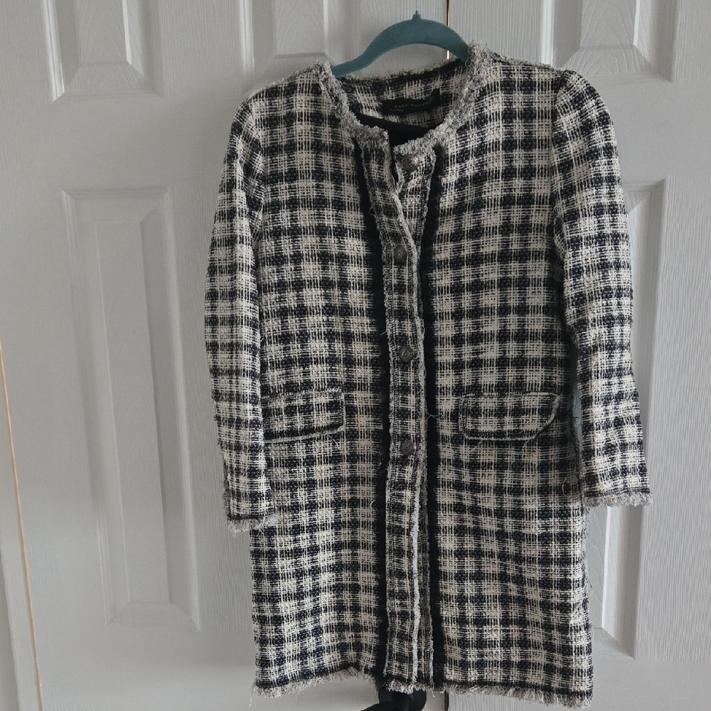 Zara Check Tweed Frayed Coat Jacket Sz M